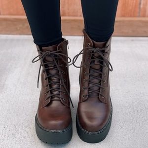 Brown Lace Up Platform Combat Boots